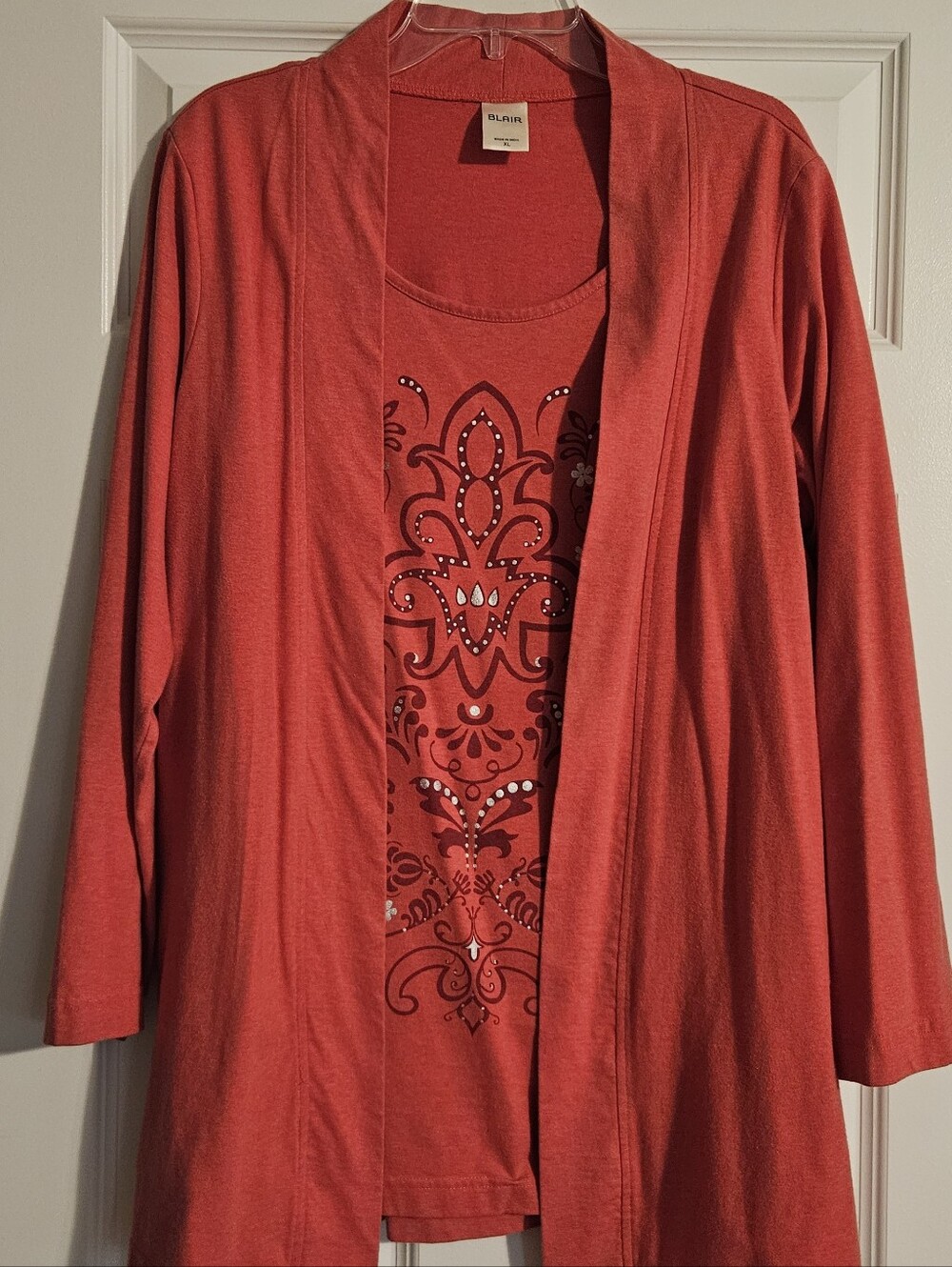 Blair 2-in-1 Layered Top Women's XL Coral Pink Open Front Cardigan Look Embellis